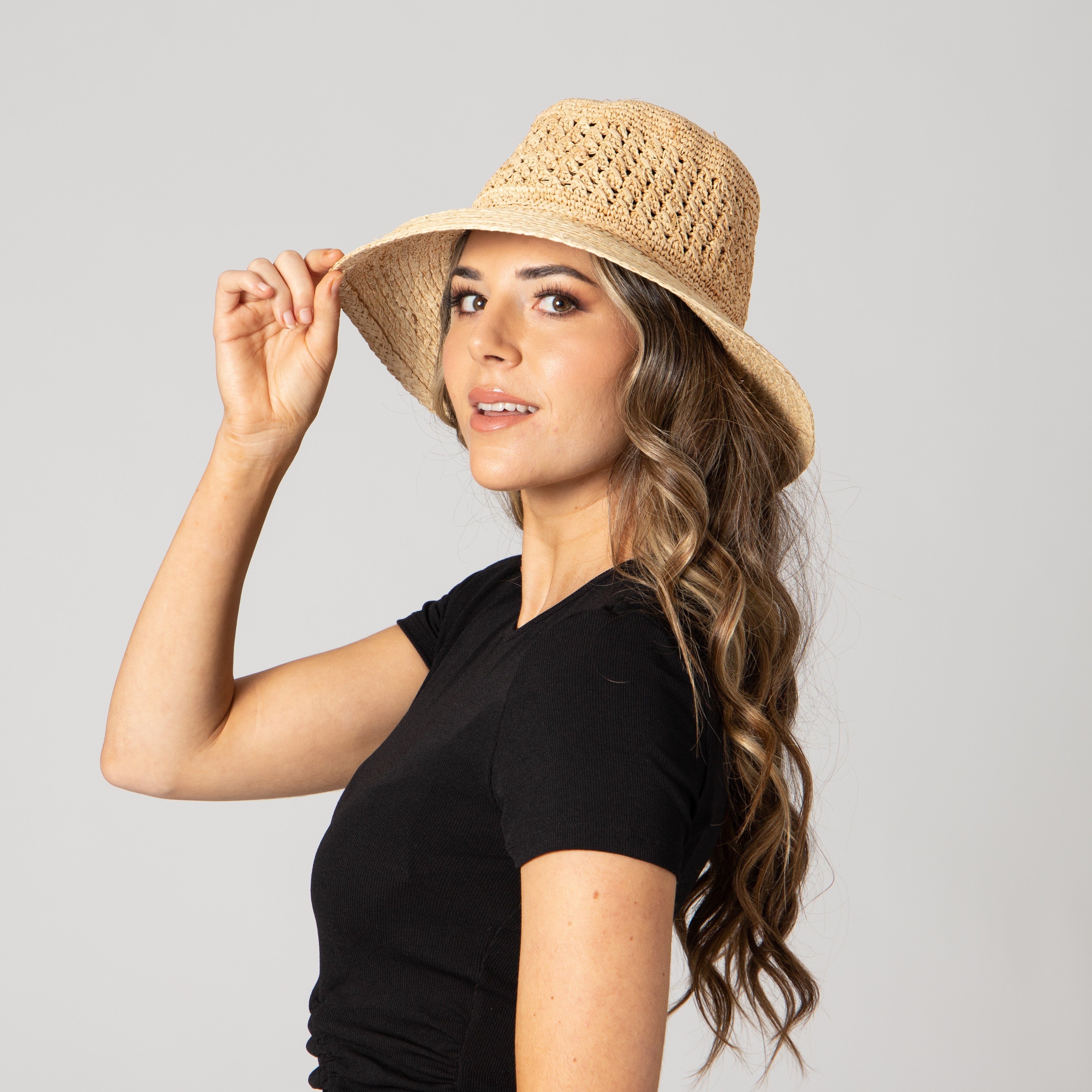 Women's Raffia Sun Hat with Hand Crochet Ventilated Crown 3 Women's Raffia Sun Hat with Hand Crochet Ventilated Crown