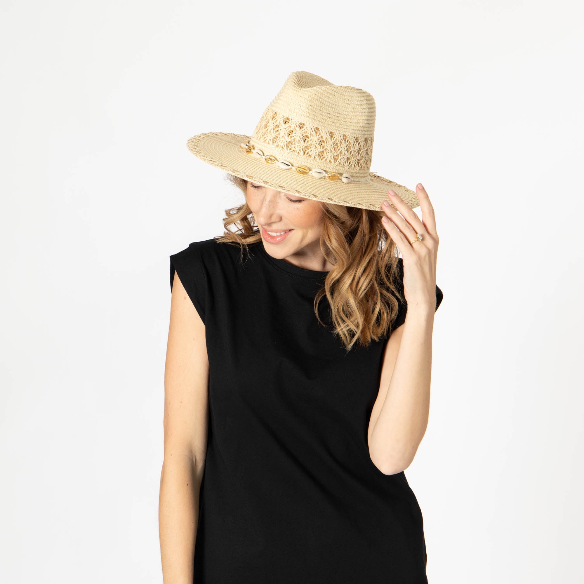Blanca - Ultrabraid Fedora with Seashell Trim 13 Blanca - Ultrabraid Fedora with Seashell Trim