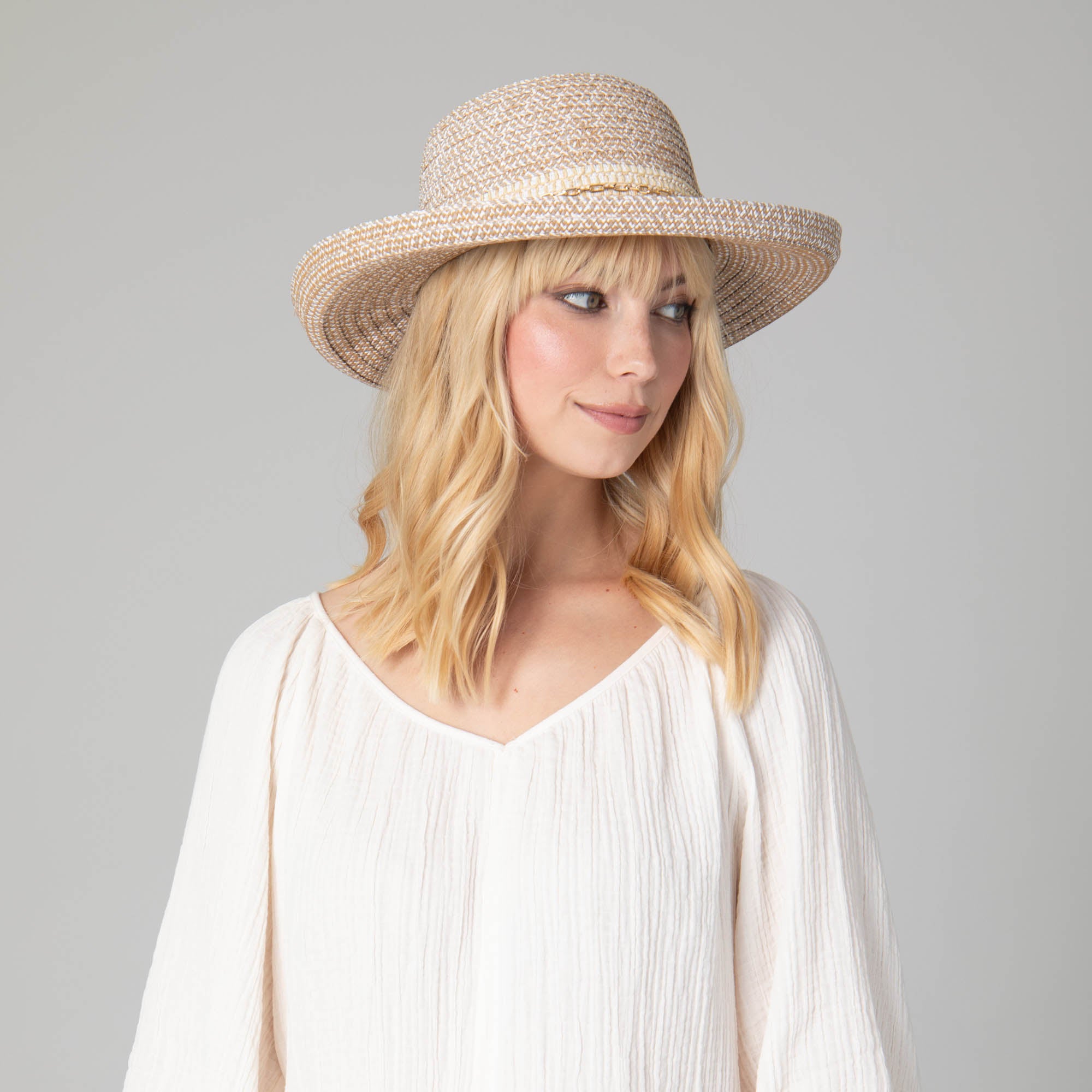 Cora - Women's Ultrabraid Turned Up Kettle Brim with Gold Chain Trim 4 Cora - Women's Ultrabraid Turned Up Kettle Brim with Gold Chain Trim