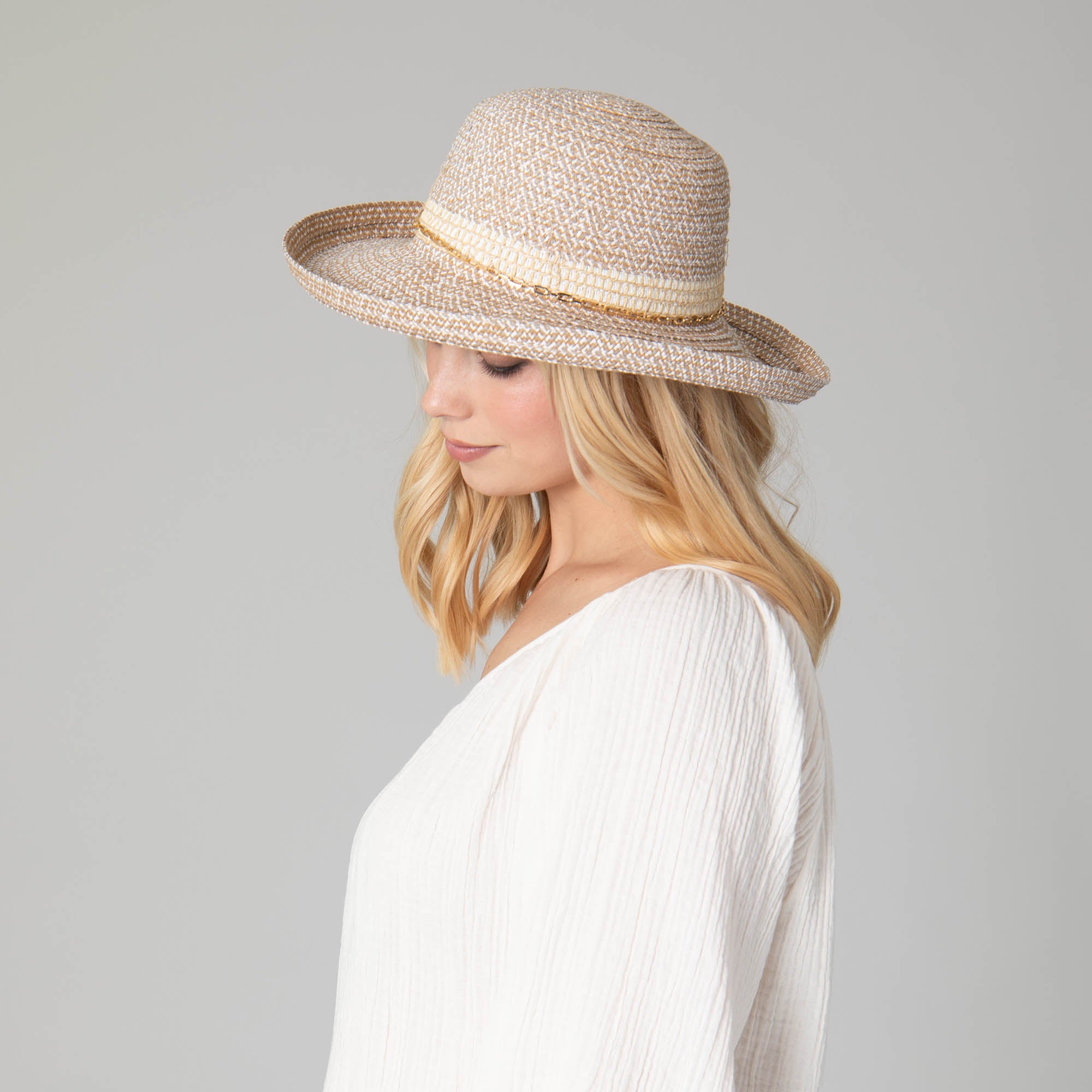 Cora - Women's Ultrabraid Turned Up Kettle Brim with Gold Chain Trim 5 Cora - Women's Ultrabraid Turned Up Kettle Brim with Gold Chain Trim