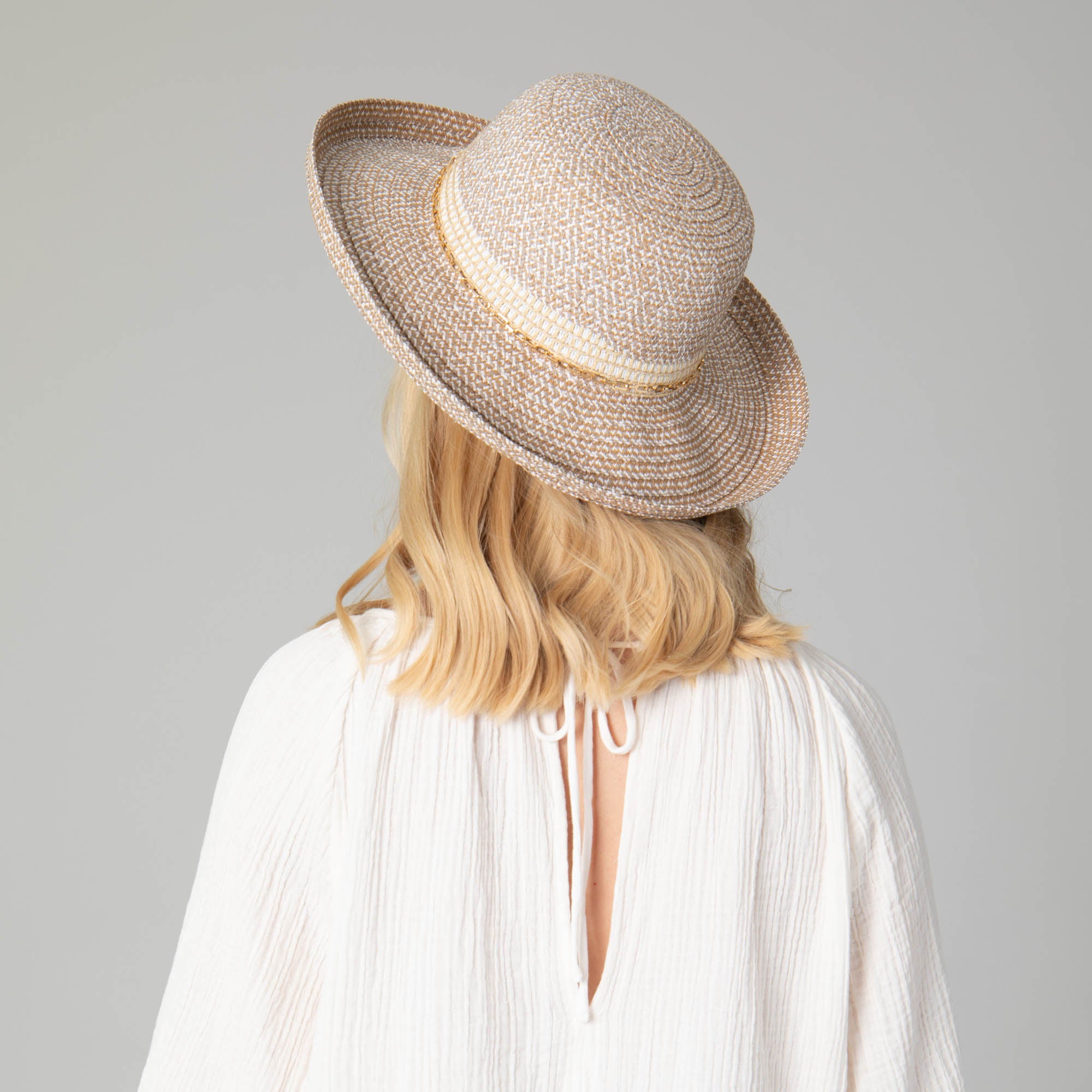 Cora - Women's Ultrabraid Turned Up Kettle Brim with Gold Chain Trim 7 Cora - Women's Ultrabraid Turned Up Kettle Brim with Gold Chain Trim