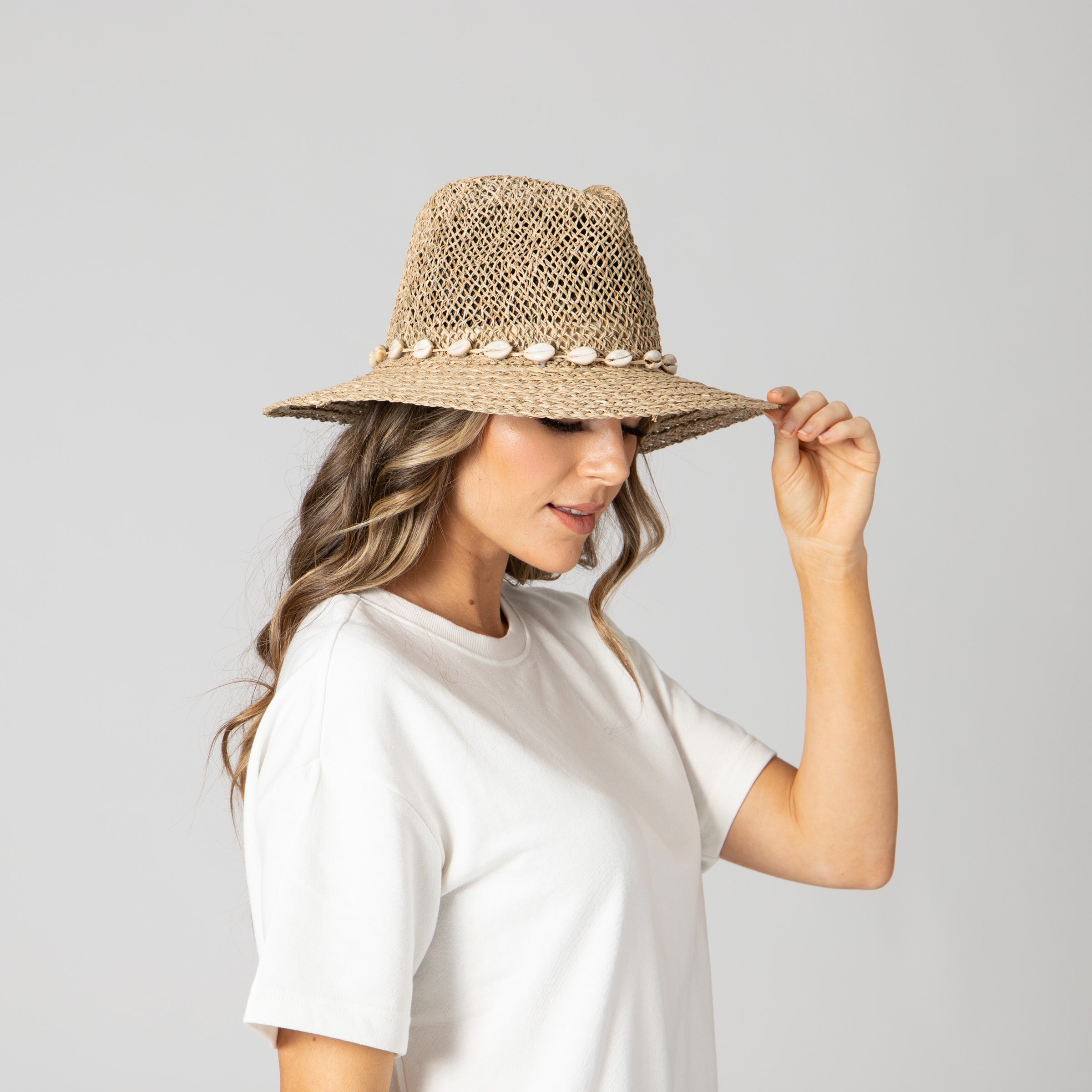 Women's Seagrass Fedora With Gold Plated Shell Band 3 Women's Seagrass Fedora With Gold Plated Shell Band