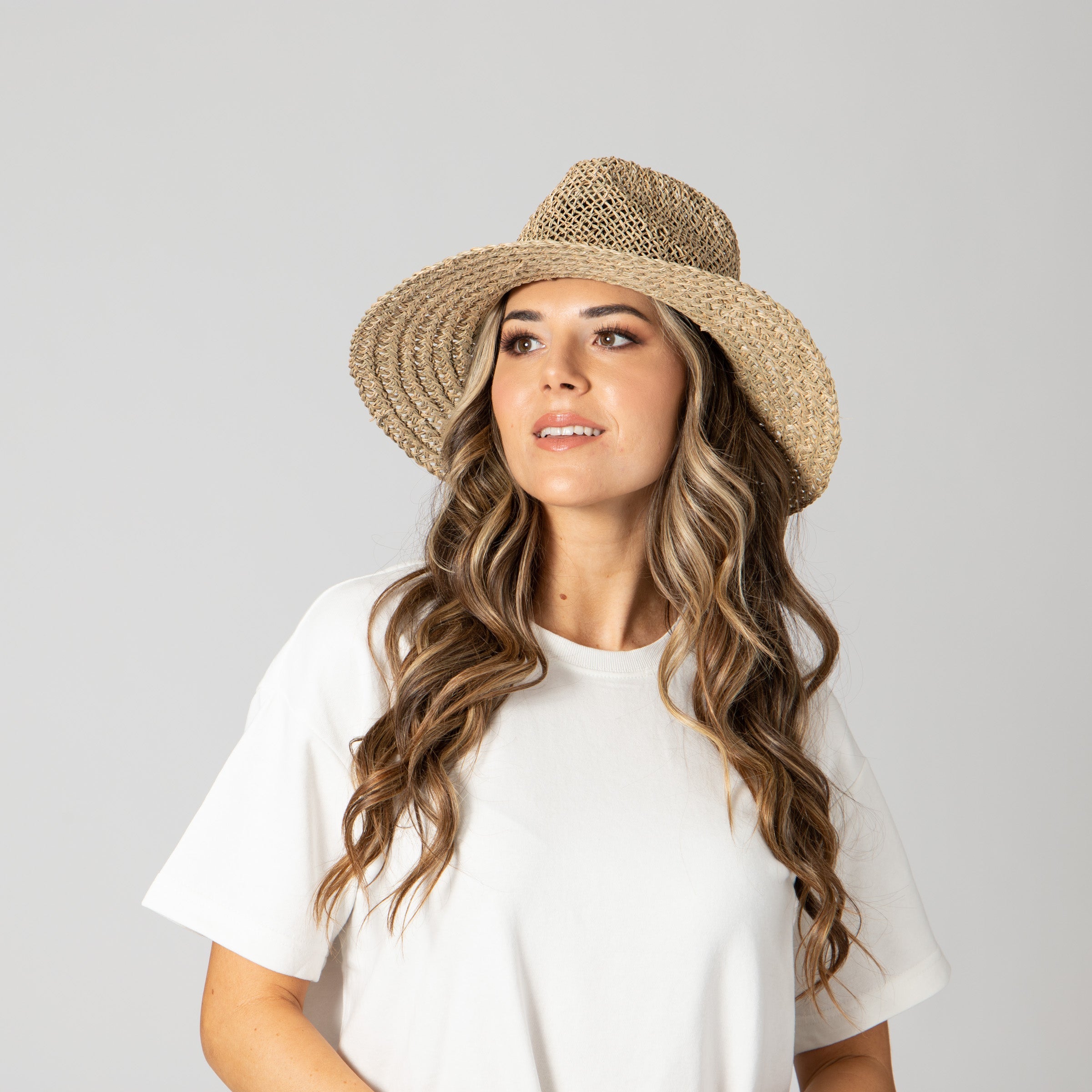 Women's Seagrass Fedora With Gold Plated Shell Band 4 Women's Seagrass Fedora With Gold Plated Shell Band