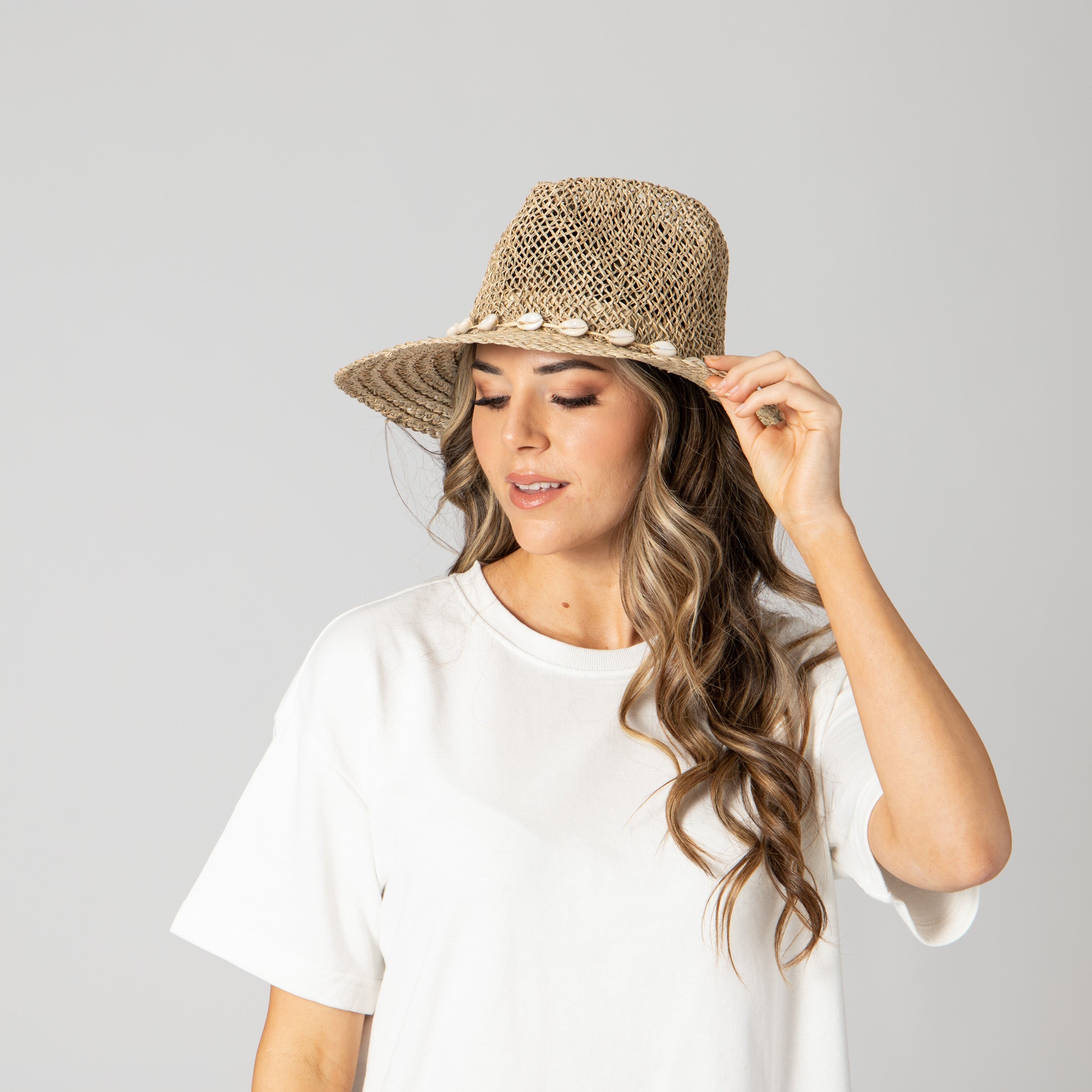 Women's Seagrass Fedora With Gold Plated Shell Band 5 Women's Seagrass Fedora With Gold Plated Shell Band