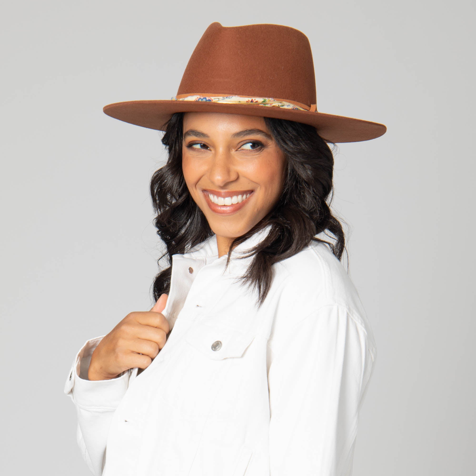 Farrah - Stiff Brim Fedora with Patterned Fabric Band 4 Farrah - Stiff Brim Fedora with Patterned Fabric Band