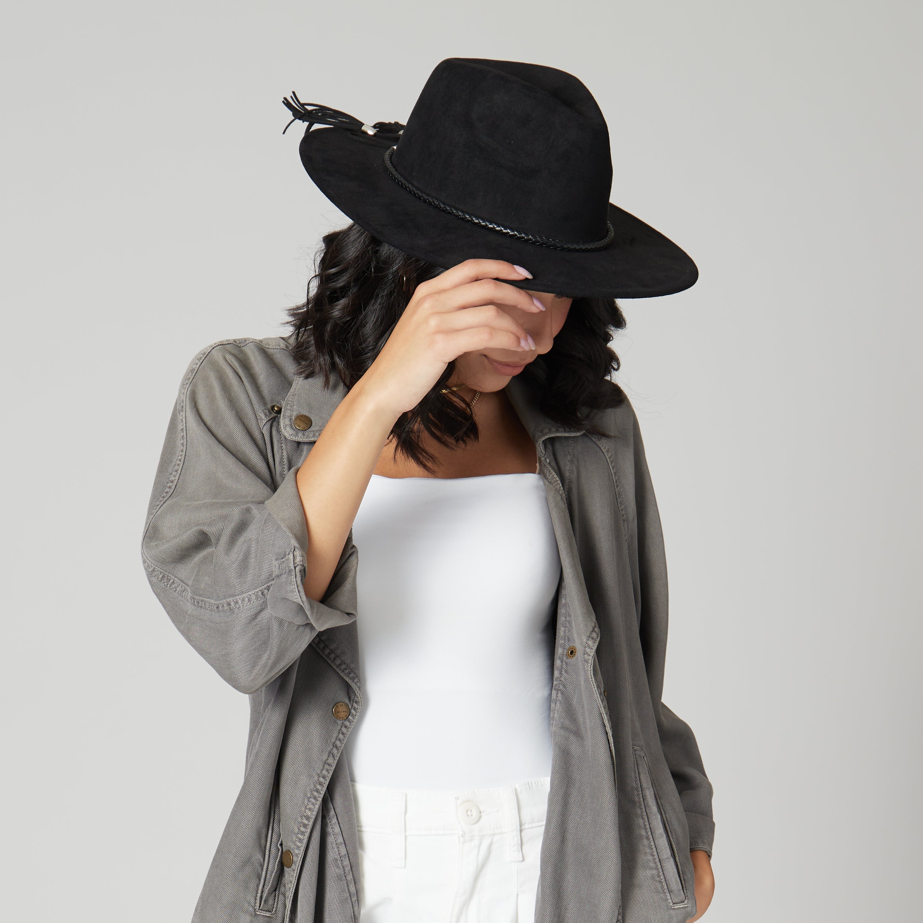 Faux Suede Fedora With Tassel Back Bow 5 Faux Suede Fedora With Tassel Back Bow