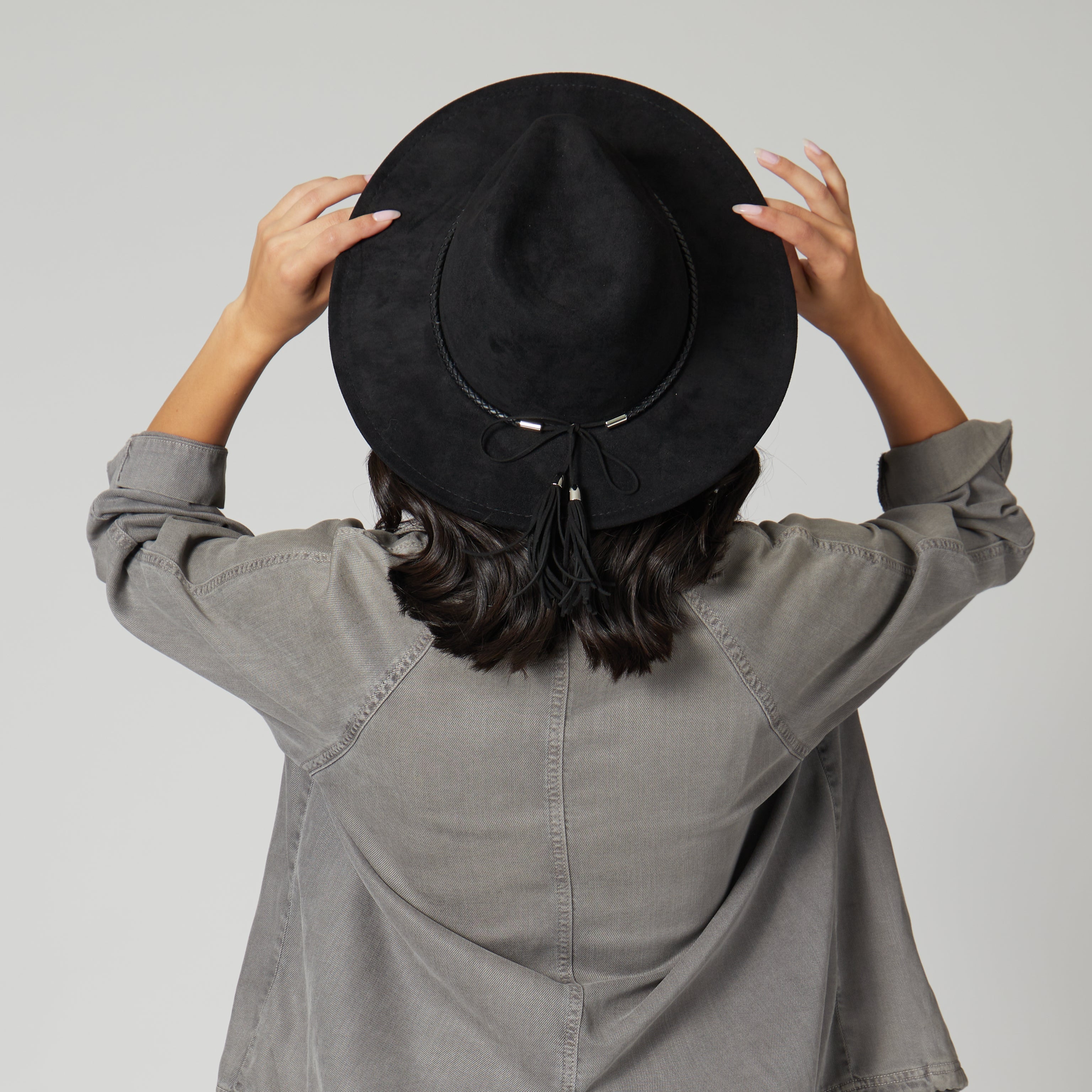 Faux Suede Fedora With Tassel Back Bow 6 Faux Suede Fedora With Tassel Back Bow