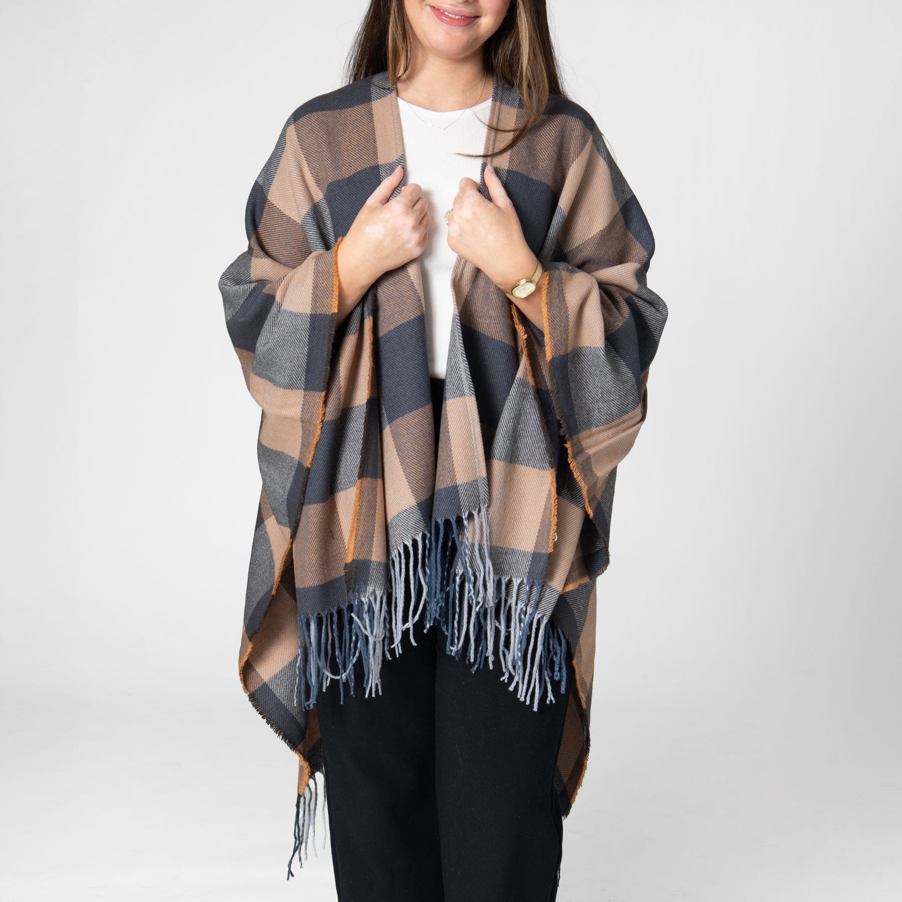 Maddie - Womens Woven Plaid Open Front Poncho