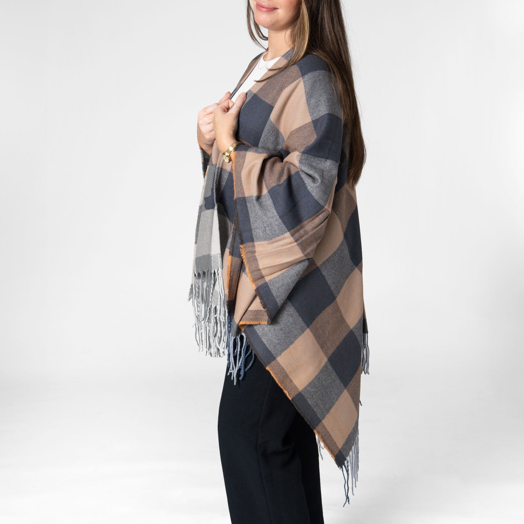 Maddie - Womens Woven Plaid Open Front Poncho 3 Maddie - Womens Woven Plaid Open Front Poncho