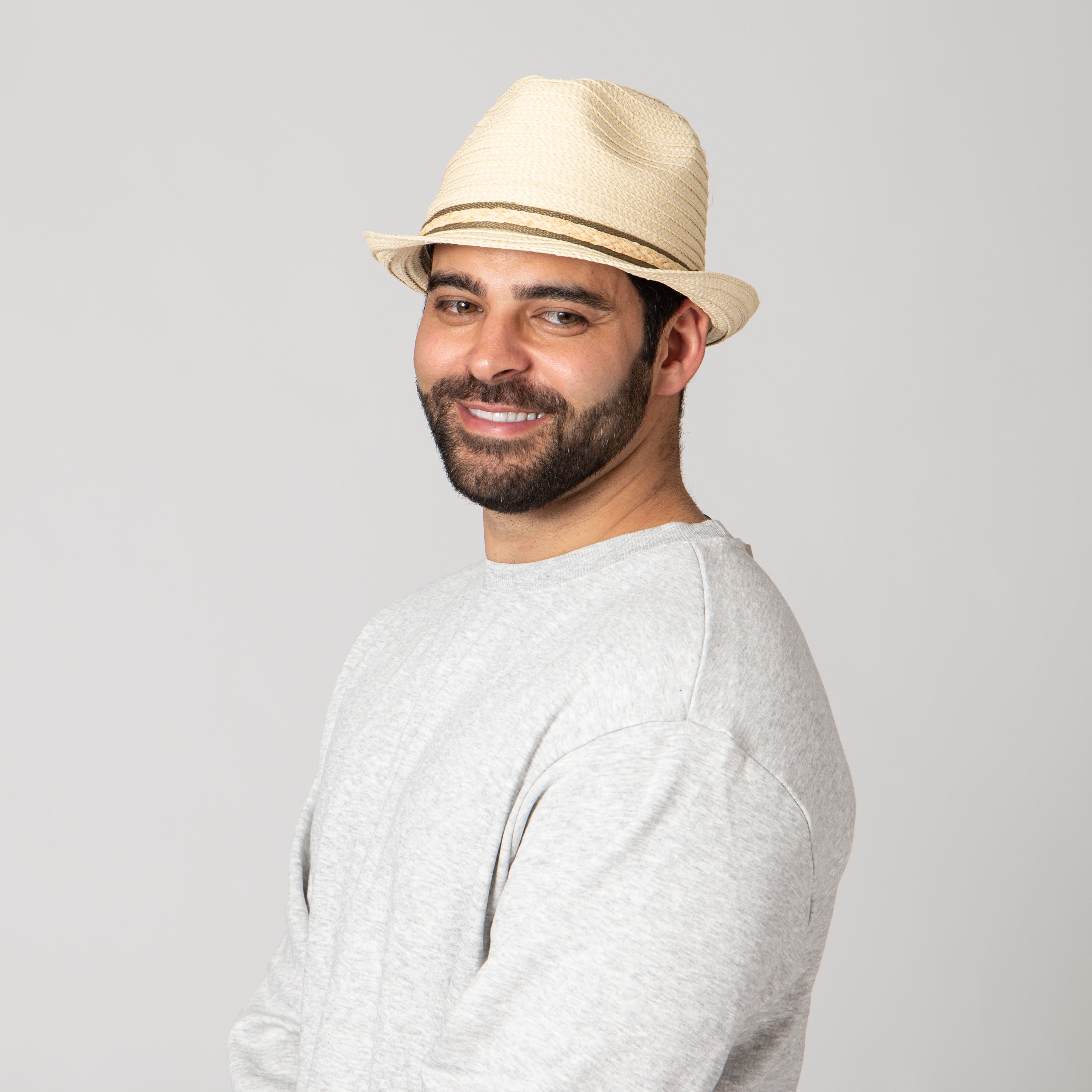 Men's Fedora With Layered Webbing & Raffia Trim 3 Men's Fedora With Layered Webbing & Raffia Trim