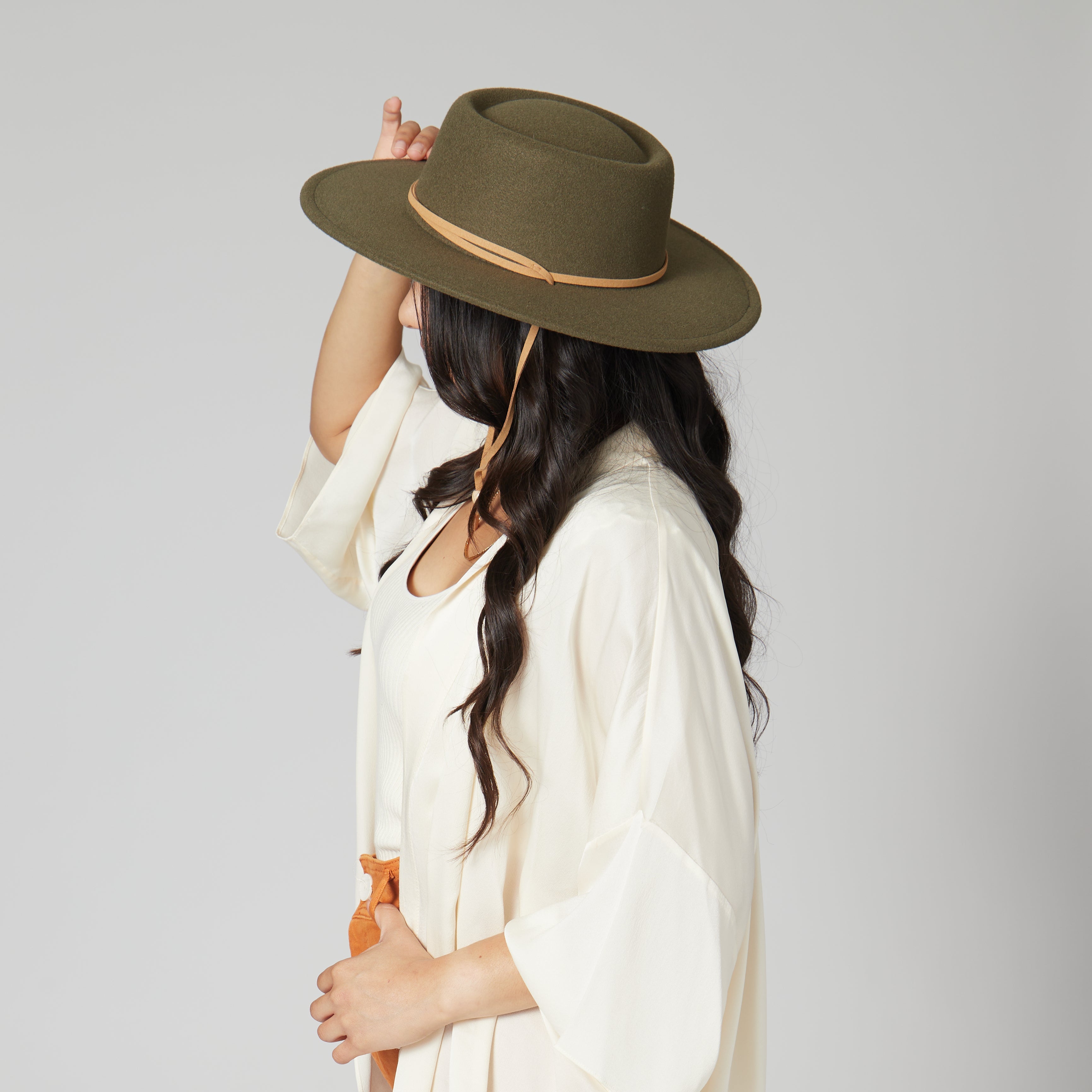 Women's Faux Felt Boater W/ Faux Leather Chin Cord 13 Women's Faux Felt Boater W/ Faux Leather Chin Cord