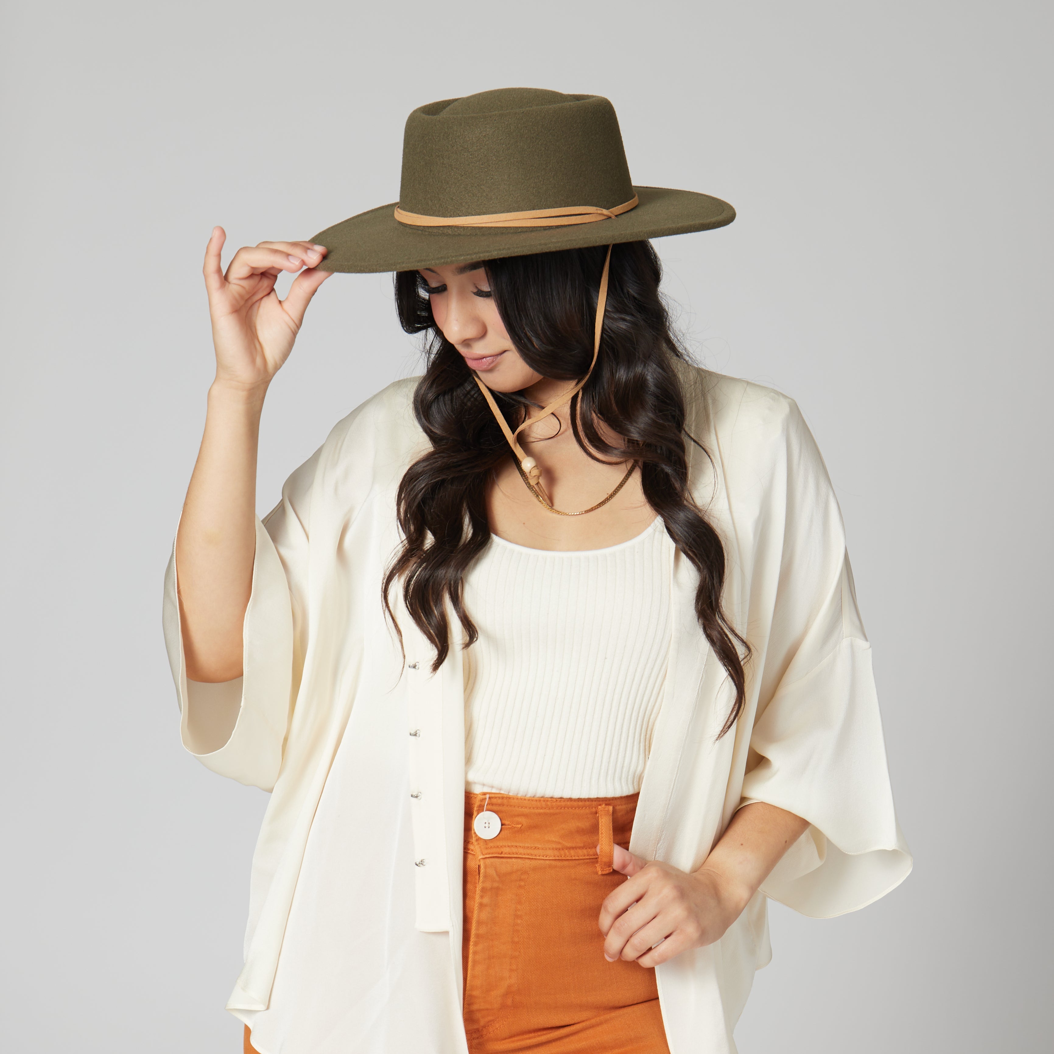 Women's Faux Felt Boater W/ Faux Leather Chin Cord 14 Women's Faux Felt Boater W/ Faux Leather Chin Cord