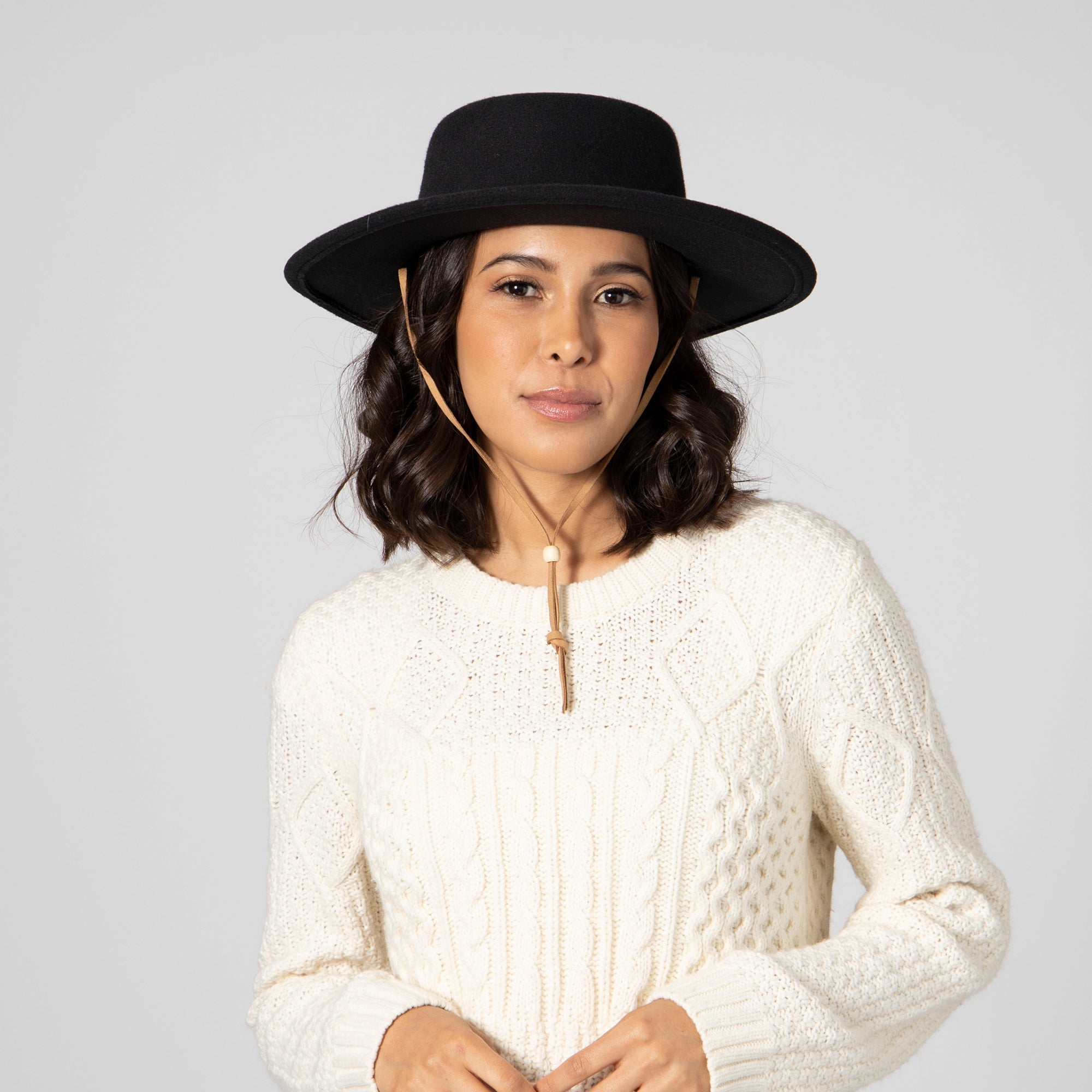 Women's Faux Felt Boater W/ Faux Leather Chin Cord 3 Women's Faux Felt Boater W/ Faux Leather Chin Cord
