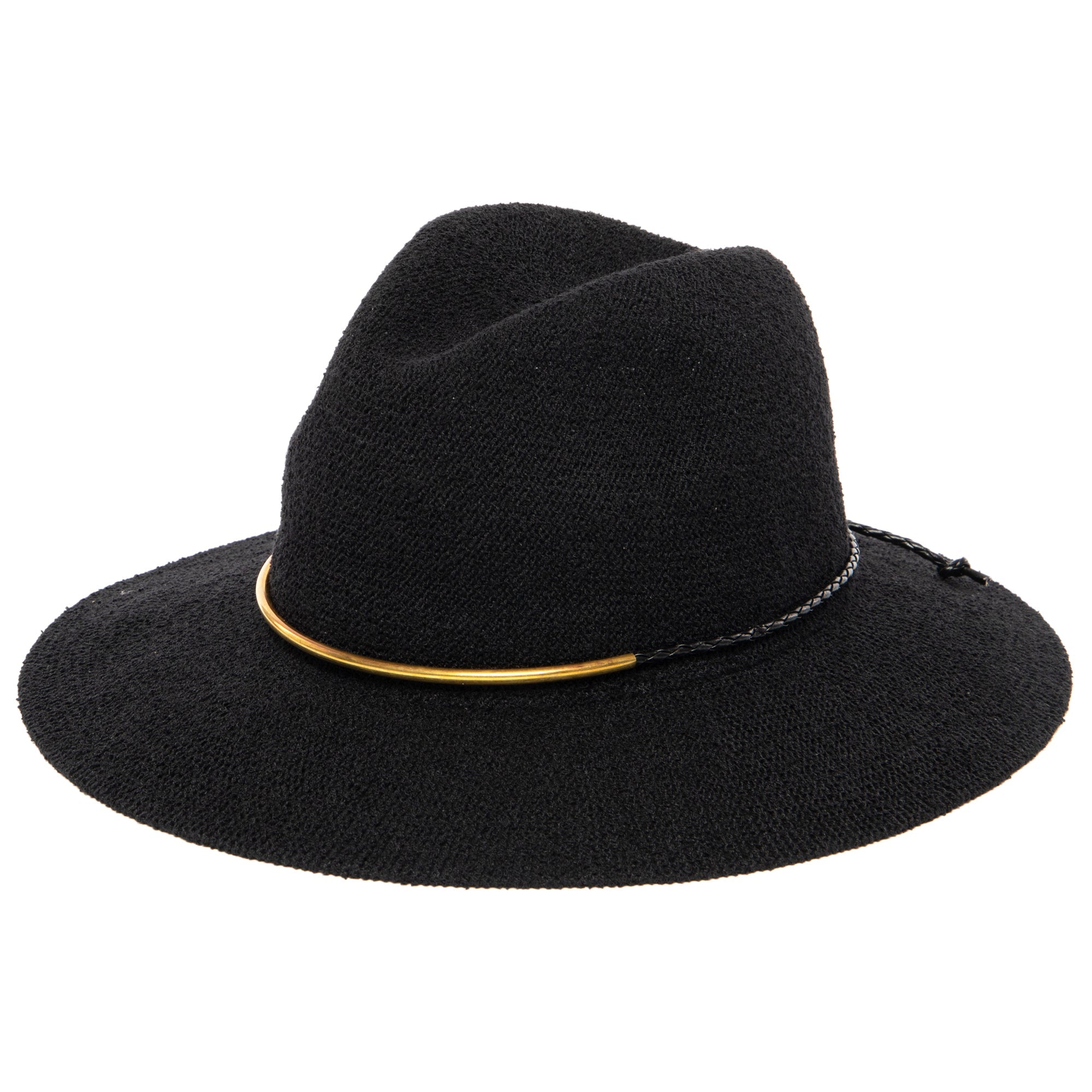 Women's Knit Fedora with Braided Faux Leather and Gold Trim