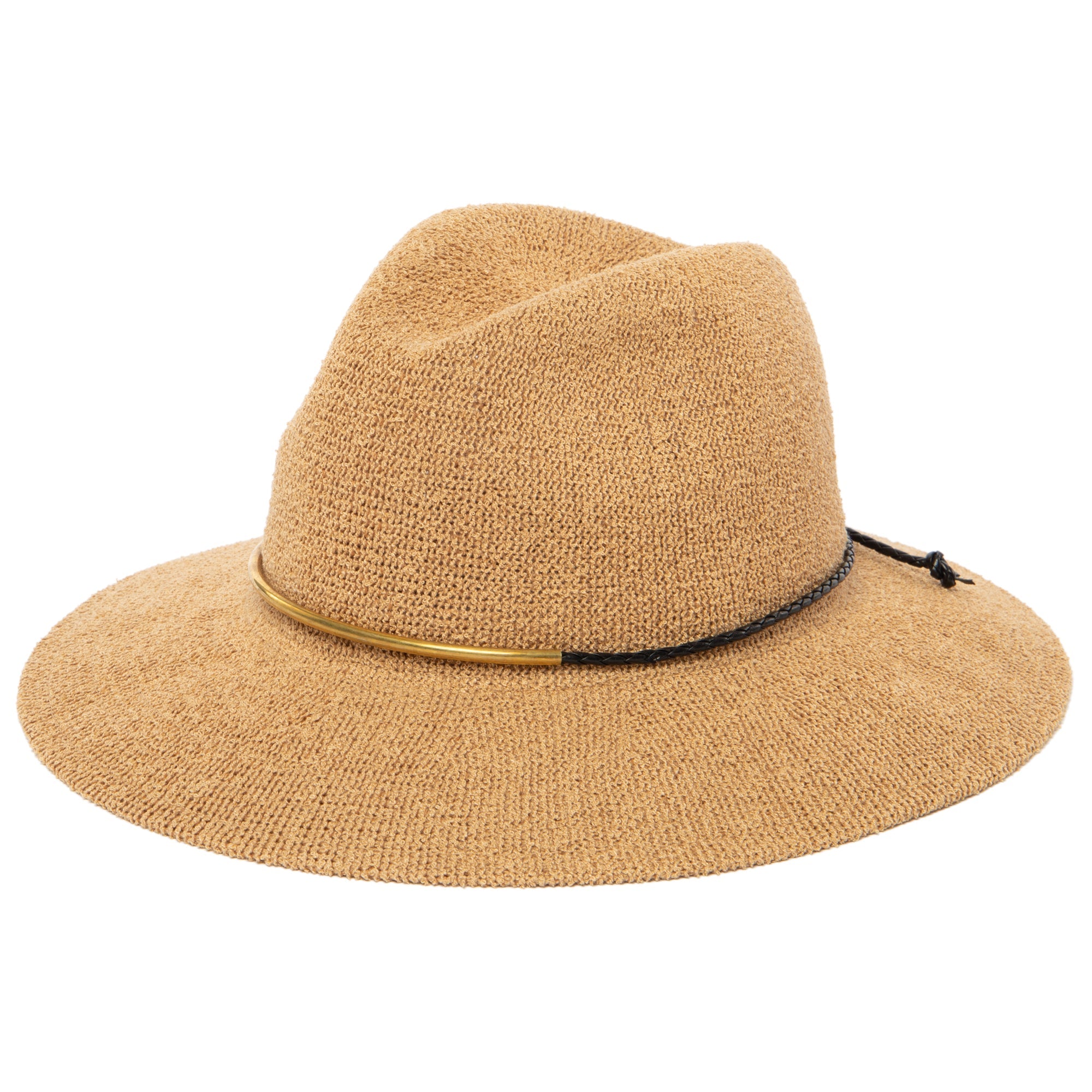 Women's Knit Fedora with Braided Faux Leather and Gold Trim 6 Women's Knit Fedora with Braided Faux Leather and Gold Trim
